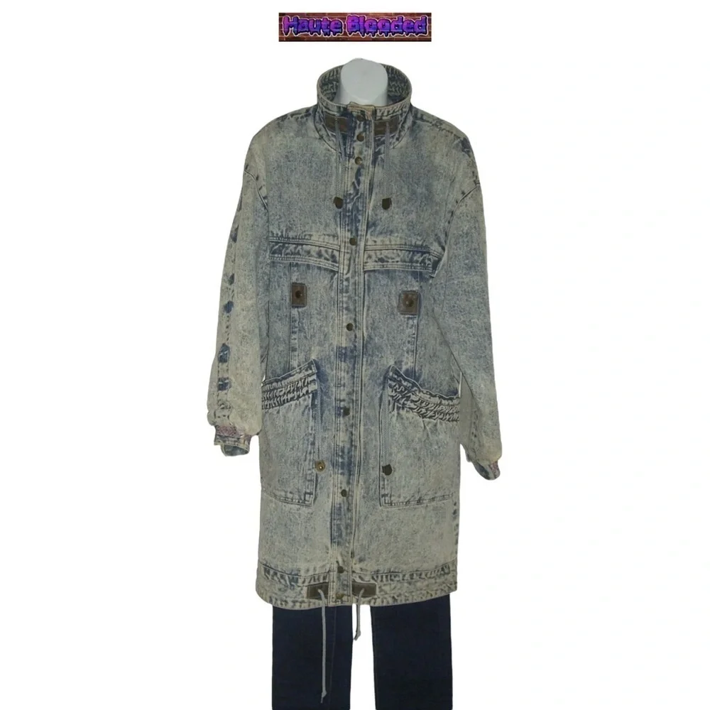 Vintage 80's Acid Wash Denim Long Warm Trench Coat Aztec e-girl alt Grunge Punk